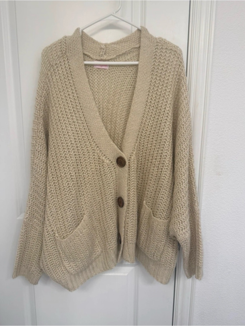 Pink Lily Cream Chunky Knit Button Cardigan